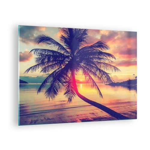 Cuadro sobre vidrio - Impresiones sobre Vidrio - Palmera al atardecer sobre un mar en calma - 70x50cm - Atardecer bajo las palmeras - Decoración de pared moderna para salón y dormitorio ARTTOR