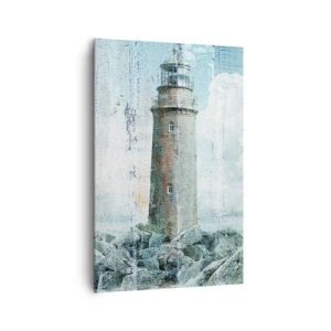 Cuadro sobre lienzo - Impresión de Imagen - Un faro en una costa rocosa en colores pastel. - 80x120cm - En madera vieja - Decoración de pared moderna para salón y dormitorio ARTTOR