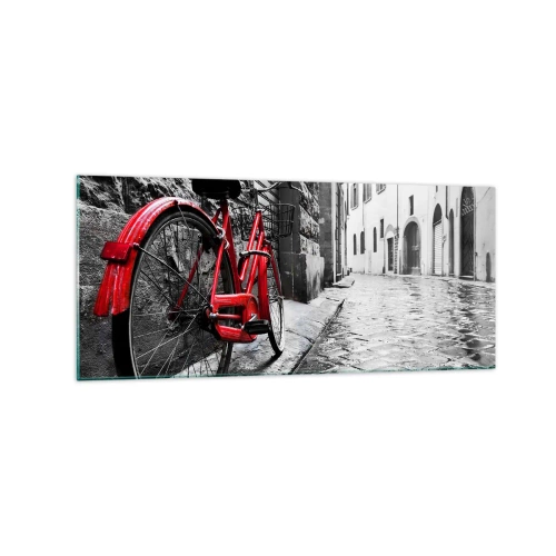 Cuadro sobre vidrio - Impresiones sobre Vidrio - Bicicleta roja en una calle en blanco y negro - 120x50cm - La verdadera belleza no envejece - Decoración de pared moderna para salón y dormitorio ARTTOR