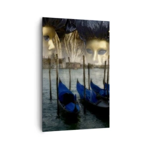 Cuadro sobre lienzo - Impresión de Imagen - Máscaras de carnaval veneciano y góndolas con la ciudad y el agua como telón de fondo. - 80x120cm - El tiempo de carnaval ha comenzado - Decoración de pared moderna para salón y dormitorio ARTTOR