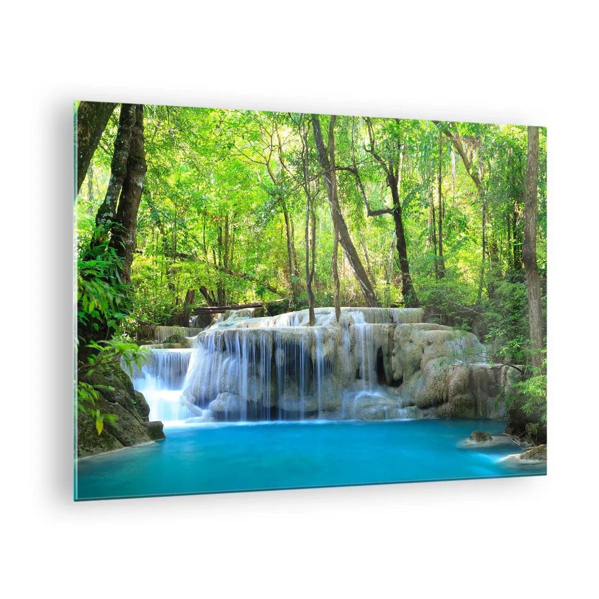 Cuadro sobre vidrio - Impresiones sobre Vidrio - Una cascada rodeada de árboles verdes y agua azul. - 70x50cm - Ahogarse en turquesa y verde - Decoración de pared moderna para salón y dormitorio ARTTOR