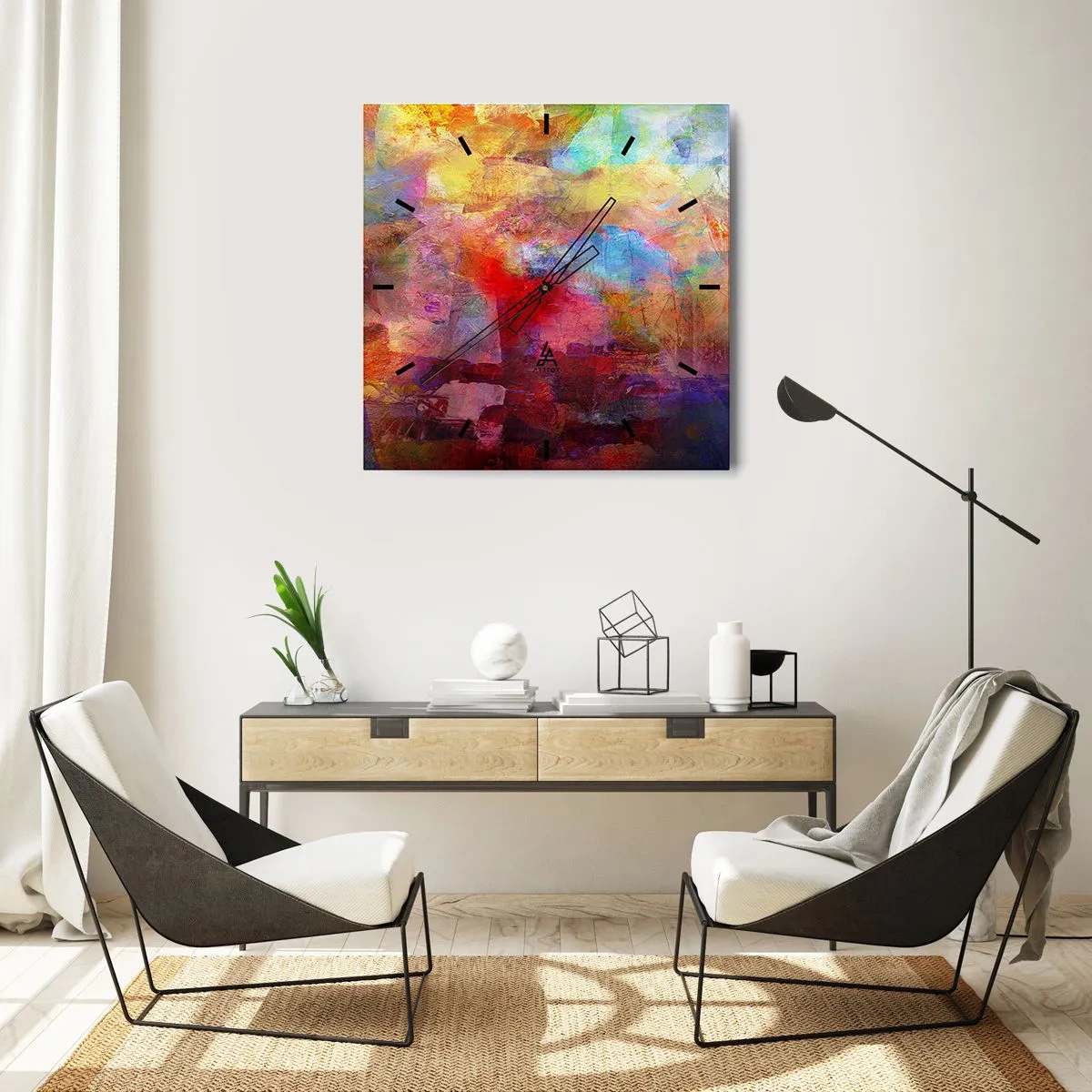 Reloj de pared - Reloj de vidrio - Abstracción colorida en tonos cálidos y fríos. - 30x30cm - Mira dentro del arco iris - Decoración de pared moderna para salón y dormitorio ARTTOR