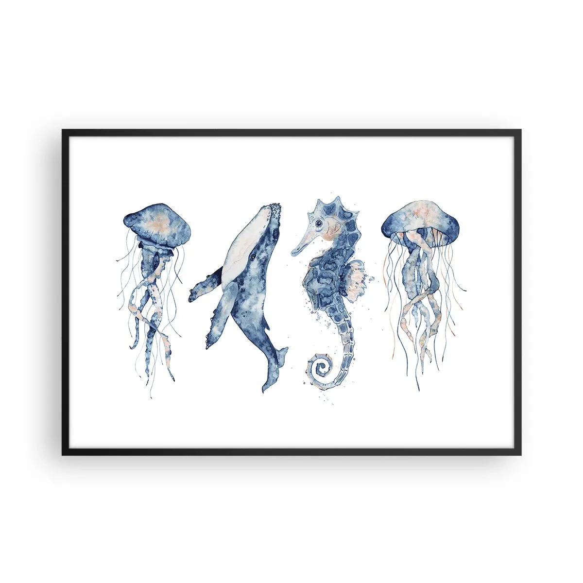 Póster en marco negro - Medusa, ballena y caballito de mar en estilo acuarela. - 100x70cm - Fauna marina - Decoración de pared moderna para salón y dormitorio ARTTOR