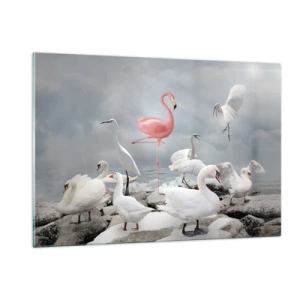 Cuadro sobre vidrio - Impresiones sobre Vidrio - Un flamenco rosado entre cisnes blancos y garzas contra el agua. - 120x80cm - ¿De dónde vengo? - Decoración de pared moderna para salón y dormitorio ARTTOR