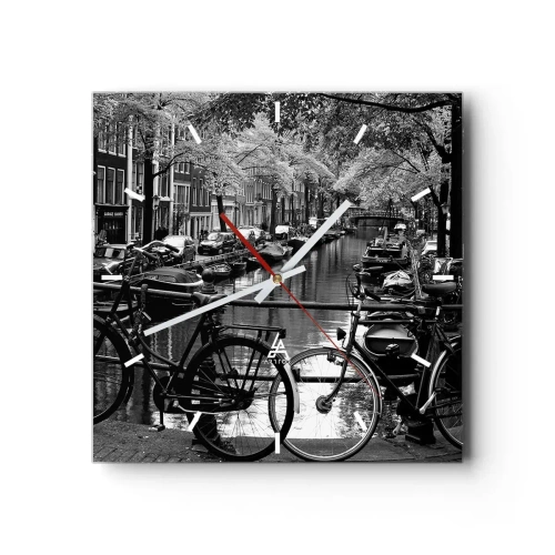 Reloj de pared - Reloj de vidrio - Canal con bicicletas en fotografía en blanco y negro - 30x30cm - Una visión muy holandesa - Decoración de pared moderna para salón y dormitorio ARTTOR