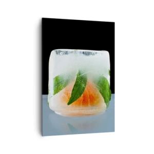 Cuadro sobre lienzo - Impresión de Imagen - Cubito de hielo con naranja y hojas - 70x100cm - Frescura - Decoración de pared moderna para salón y dormitorio ARTTOR