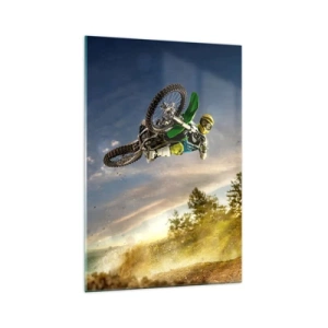 Cuadro sobre vidrio - Impresiones sobre Vidrio - Motociclista en un salto dinámico - 70x100cm - ¡Enciende tus emociones! - Decoración de pared moderna para salón y dormitorio ARTTOR