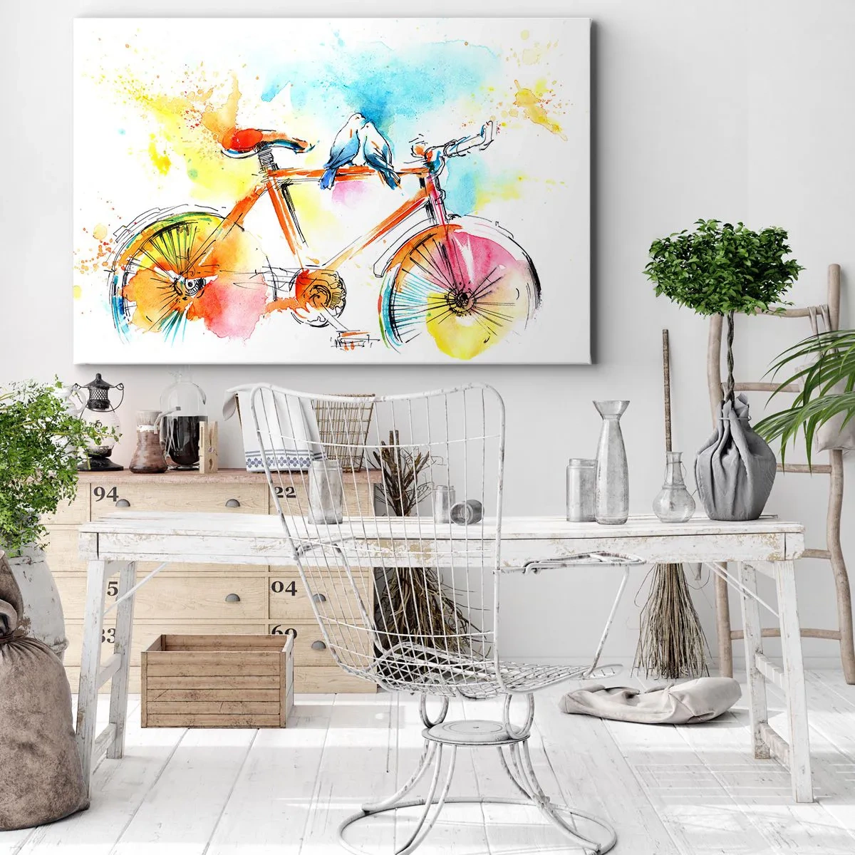 Cuadro sobre lienzo - Impresión de Imagen - Pintura de acuarela colorida de una bicicleta con pájaros sentados en ella. - 120x80cm - Dos en bicicleta - Decoración de pared moderna para salón y dormitorio ARTTOR