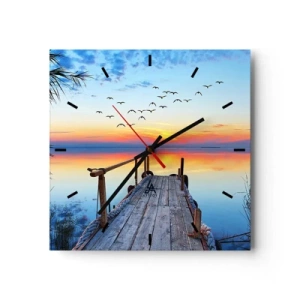 Reloj de pared - Reloj de vidrio - Muelle de madera sobre el lago al atardecer - 30x30cm - Es hora de volver... - Decoración de pared moderna para salón y dormitorio ARTTOR