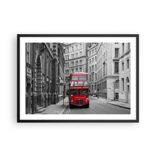 Póster en marco negro - Un autobús rojo sobre un fondo de edificios de la ciudad en blanco y negro. - 70x50cm - La vida cotidiana no tiene por qué ser gris - Decoración de pared moderna para salón y dormitorio ARTTOR