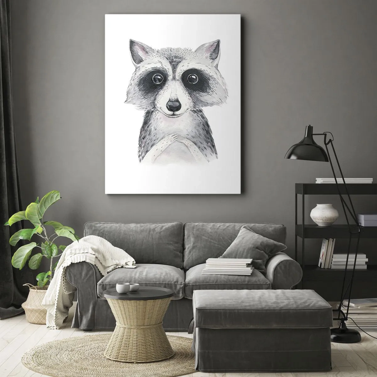 Cuadro sobre lienzo - Impresión de Imagen - Adorable retrato de un mapache sobre un fondo blanco. - 50x70cm - Un momento para la emoción - Decoración de pared moderna para salón y dormitorio ARTTOR