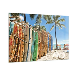 Cuadro sobre vidrio - Impresiones sobre Vidrio - Tablas de surf coloridas en una playa tropical - 100x70cm - Diversión soleada - Decoración de pared moderna para salón y dormitorio ARTTOR