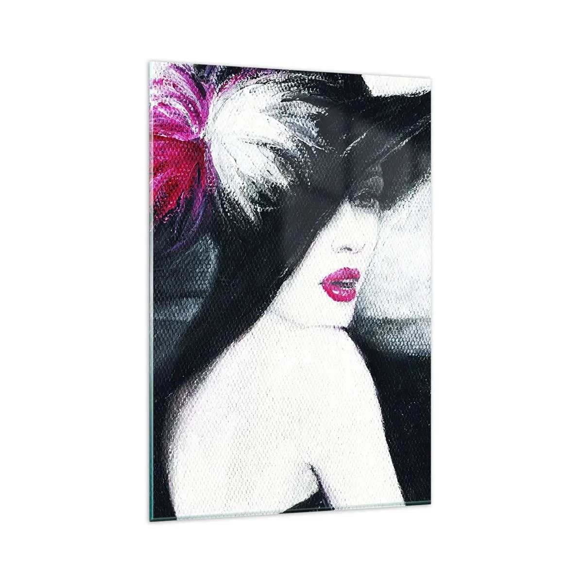 Cuadro sobre vidrio - Impresiones sobre Vidrio - Mujer elegante con un sombrero de plumas - 80x120cm - Siempre un misterio - Decoración de pared moderna para salón y dormitorio ARTTOR