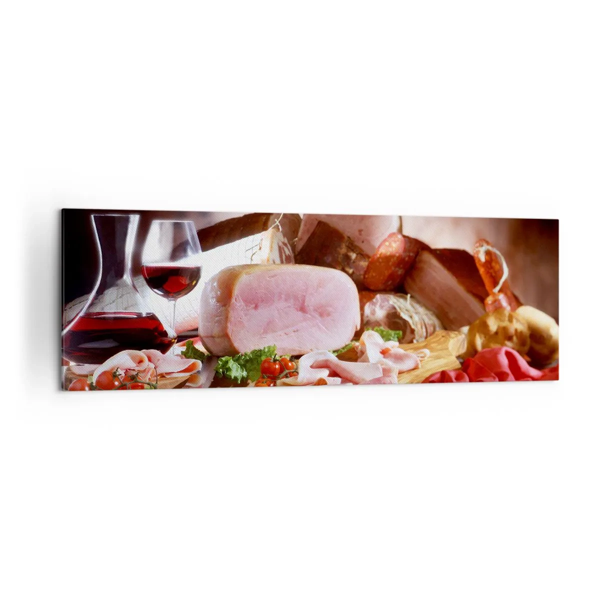 Cuadro sobre lienzo - Impresión de Imagen - Embutidos con vino sobre fondo rústico - 160x50cm - Un sueño culinario  - Decoración de pared moderna para salón y dormitorio ARTTOR