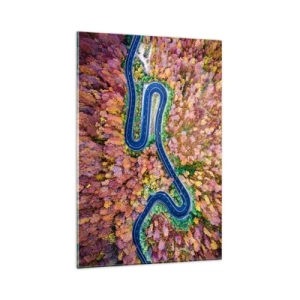 Cuadro sobre vidrio - Impresiones sobre Vidrio - Un camino sinuoso en un bosque otoñal visto a vista de pájaro - 80x120cm - Un camino sinuoso a través del bosque - Decoración de pared moderna para salón y dormitorio ARTTOR