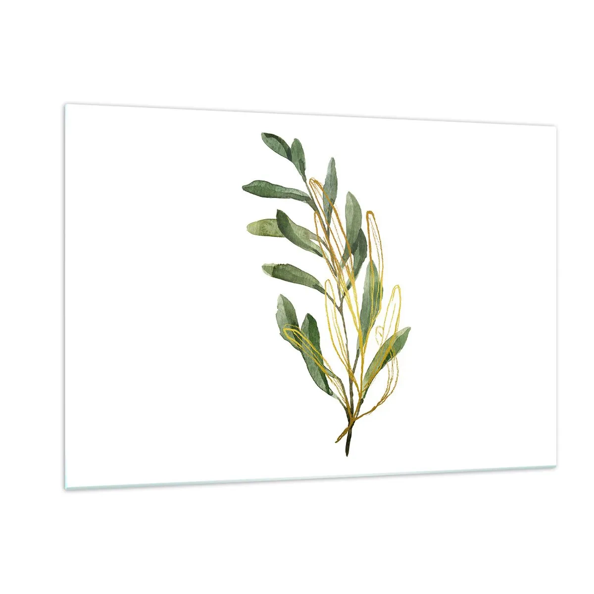 Cuadro sobre vidrio - Impresiones sobre Vidrio - Una rama verde con un delicado acento dorado. - 120x80cm - La vida se abre camino - Decoración de pared moderna para salón y dormitorio ARTTOR