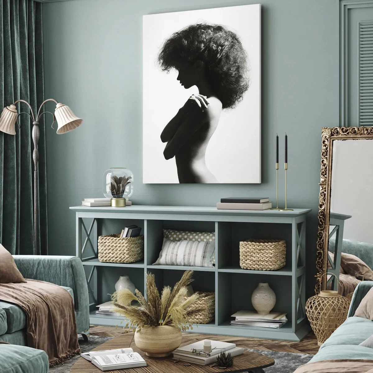 Cuadro sobre lienzo - Impresión de Imagen - Una silueta sutil de una mujer en tonos blanco y negro sobre un fondo claro. - 50x70cm - Como una flor en un tallo delgado - Decoración de pared moderna para salón y dormitorio ARTTOR