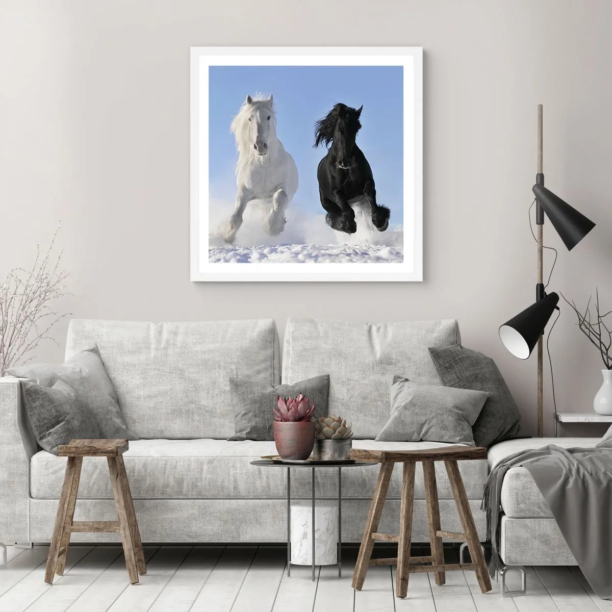 Póster en marco blanco - Galope blanco y negro - 30x30 cm