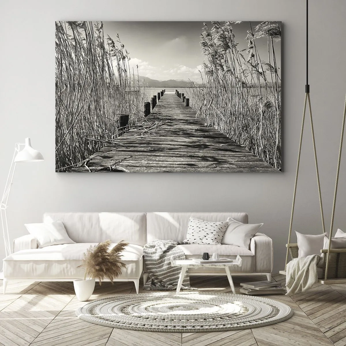 Cuadro sobre lienzo - Impresión de Imagen - Un embarcadero de madera entre hierbas altas sobre un lago de tonos sepia. - 70x50cm - En la quietud de los juncos - Decoración de pared moderna para salón y dormitorio ARTTOR