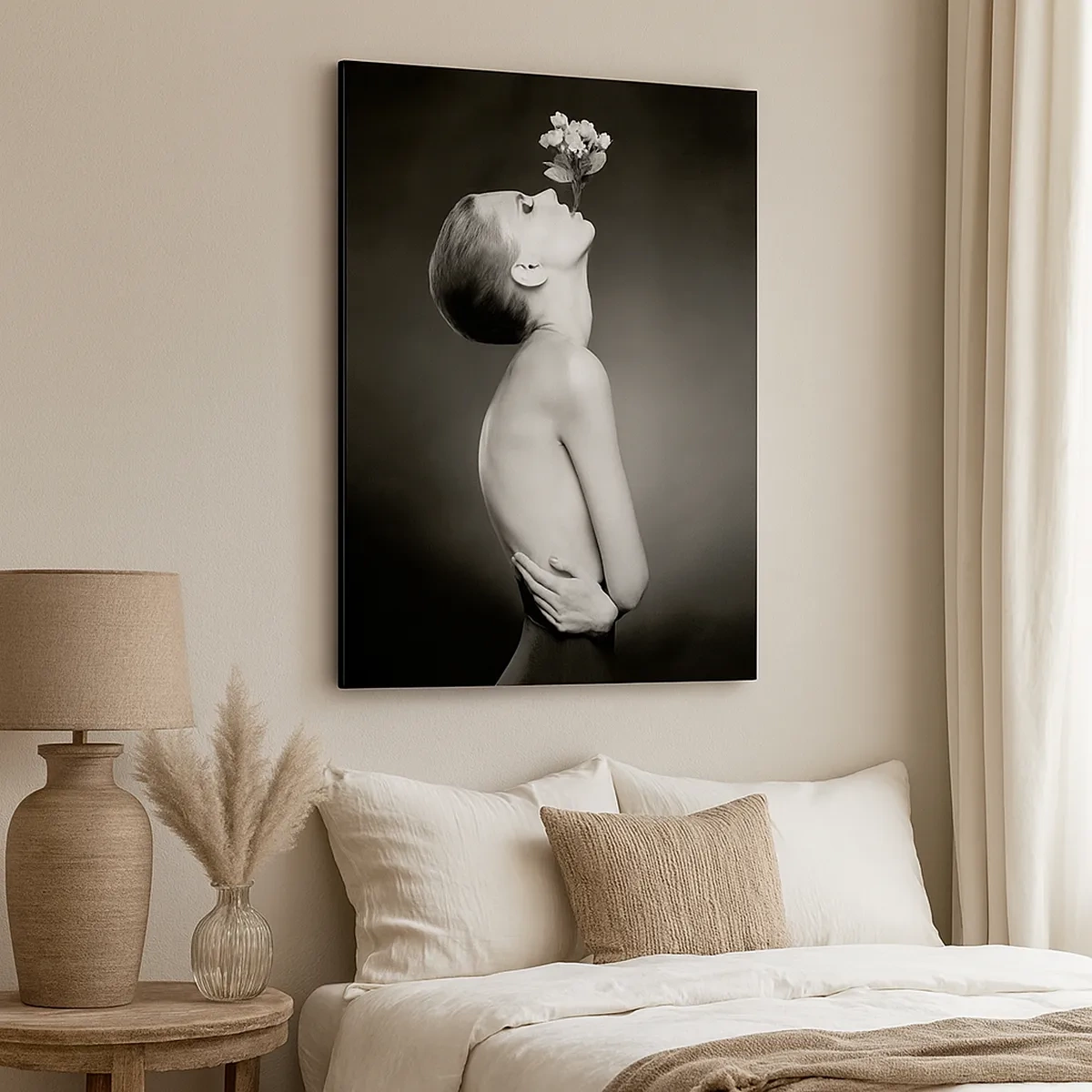 Cuadro sobre lienzo - Impresión de Imagen - Silueta en blanco y negro de una mujer con una flor. - 50x70cm - Elegancia excéntrica - Decoración de pared moderna para salón y dormitorio ARTTOR