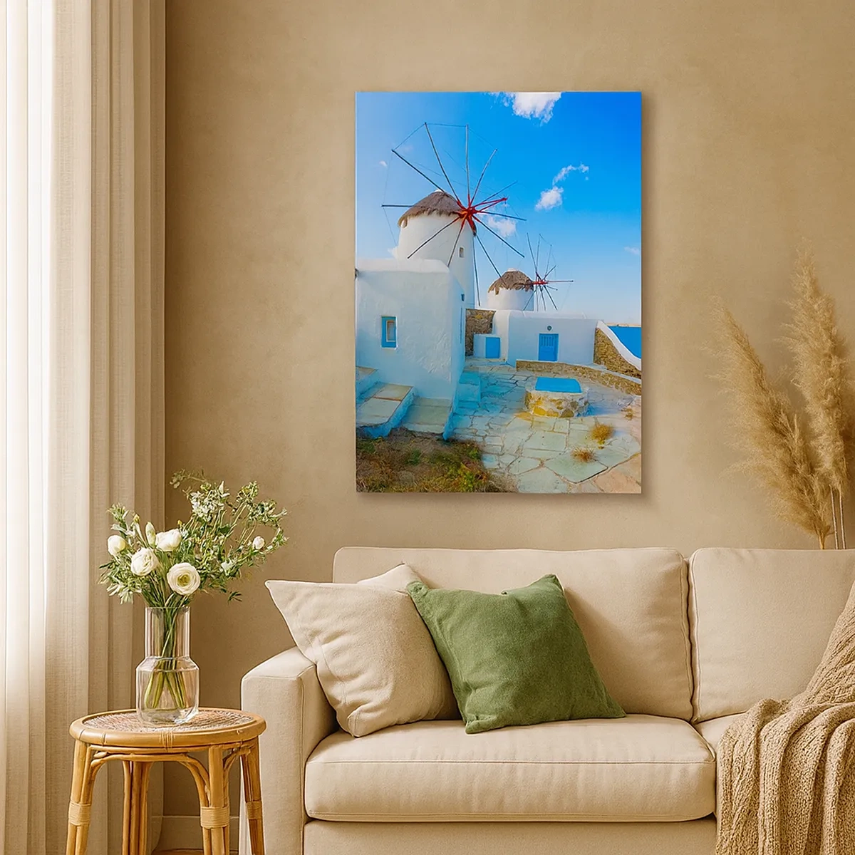Cuadro sobre lienzo - Impresión de Imagen - Molinos de viento blancos en las orillas del mar azul - 50x70cm - Viento azul marino - Decoración de pared moderna para salón y dormitorio ARTTOR