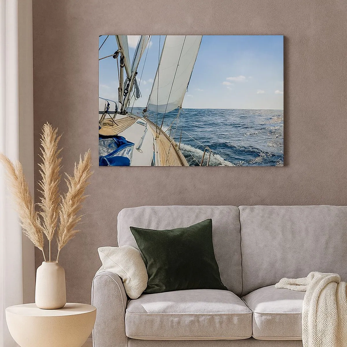 Cuadro sobre lienzo - Impresión de Imagen - Un velero en un mar tranquilo bajo un cielo azul. - 70x50cm - Ahoy, a la aventura - Decoración de pared moderna para salón y dormitorio ARTTOR