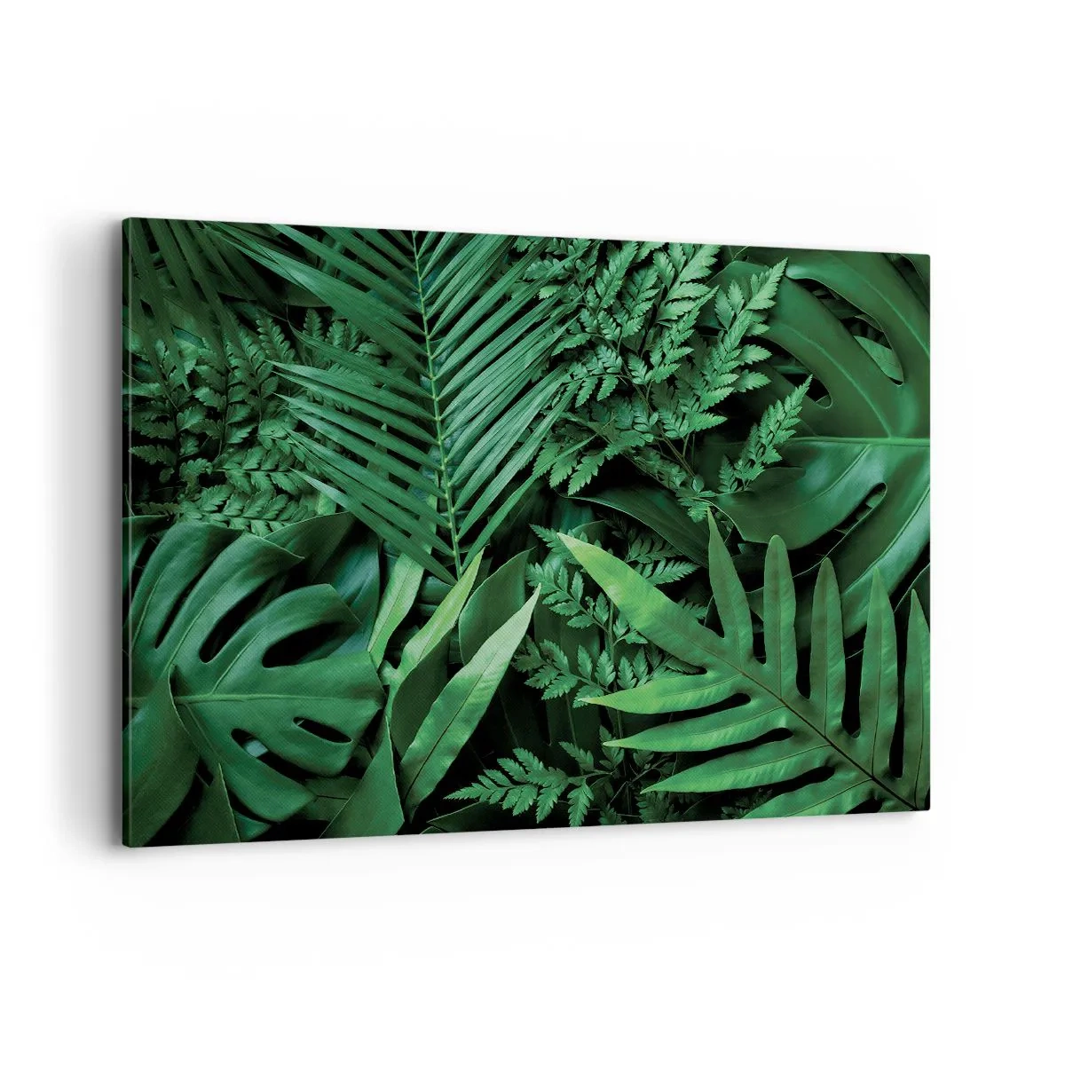 Cuadro sobre lienzo - Impresión de Imagen - Hojas tropicales verdes en una composición densa y natural. - 120x80cm - Abrazo verde - Decoración de pared moderna para salón y dormitorio ARTTOR