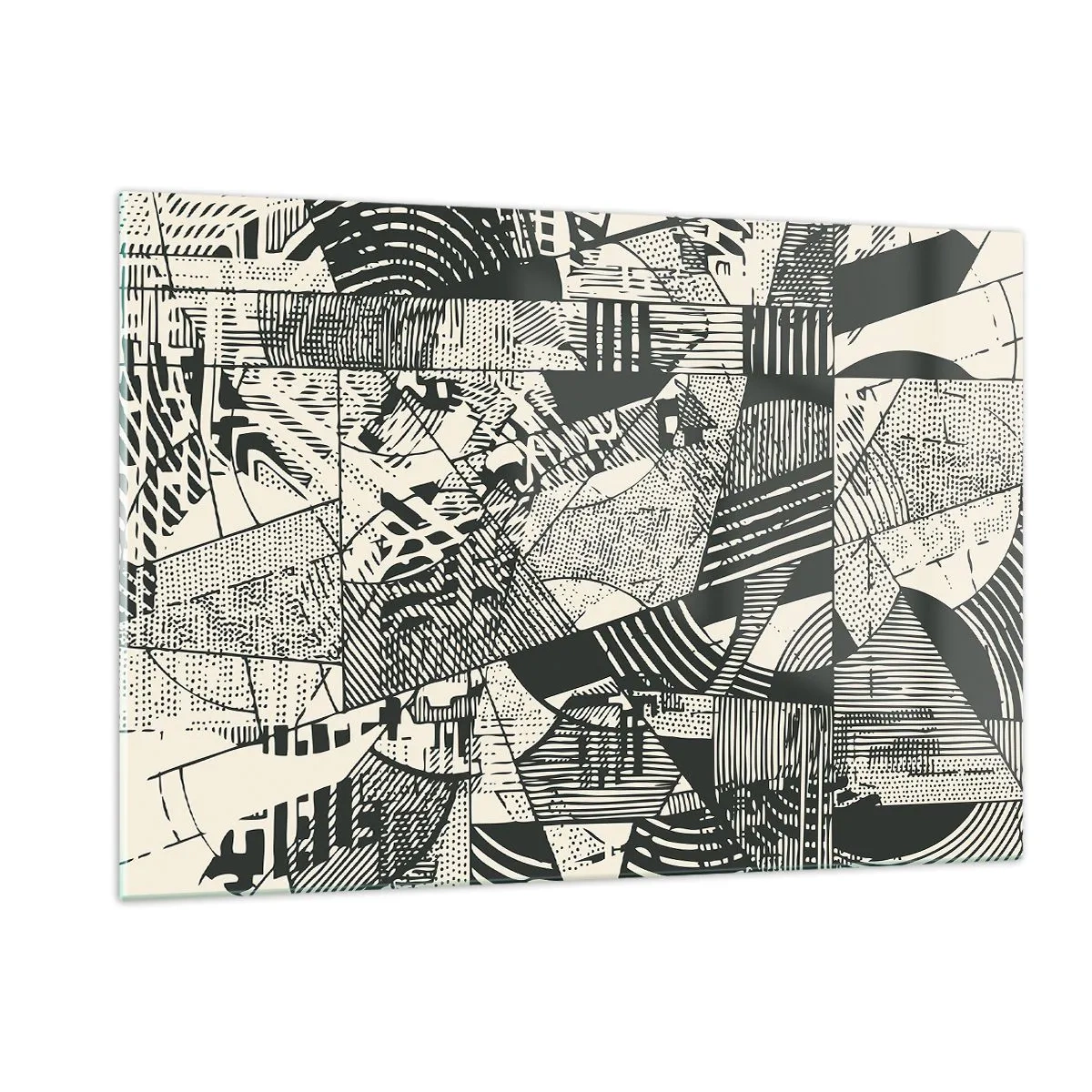 Cuadro sobre vidrio - Impresiones sobre Vidrio - Abstracción en blanco y negro con patrones geométricos dinámicos. - 120x80cm - La dinámica del presente - Decoración de pared moderna para salón y dormitorio ARTTOR