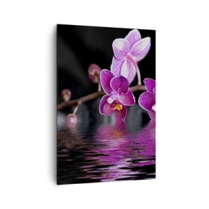Cuadro sobre lienzo - Impresión de Imagen - Orquídeas moradas sobre aguas tranquilas contra un fondo negro. - 70x100cm - Un reflejo lila de la belleza - Decoración de pared moderna para salón y dormitorio ARTTOR