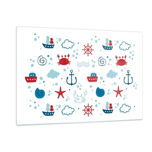 Cuadro sobre vidrio - Impresiones sobre Vidrio - Patrones náuticos con cangrejos, anclas y barcos. - 120x80cm - Un cuento de mar - Decoración de pared moderna para salón y dormitorio ARTTOR