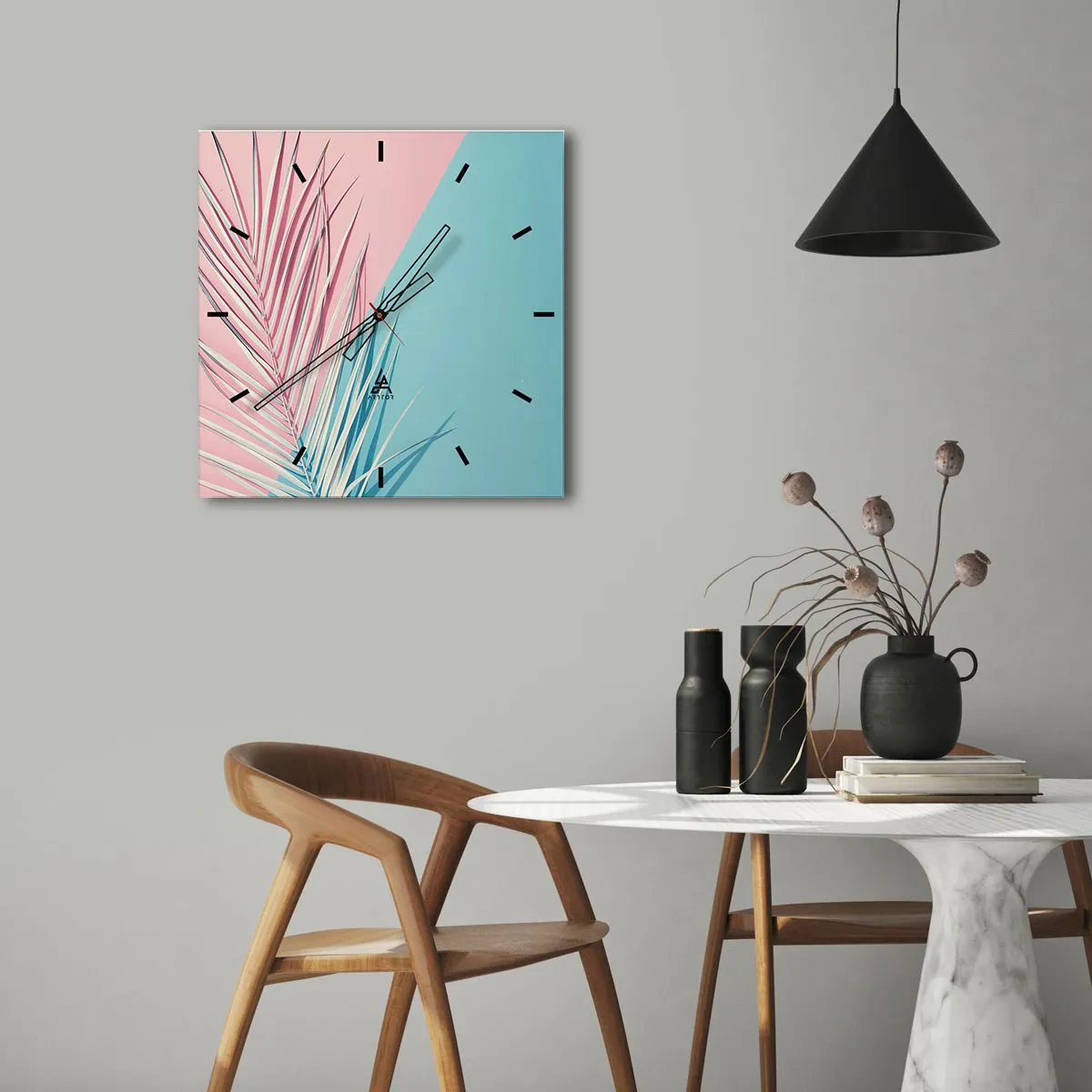 Reloj de pared - Reloj de vidrio - Hoja tropical sobre un fondo de tonos pastel de rosa y azul. - 30x30cm - Impresión tropical - Decoración de pared moderna para salón y dormitorio ARTTOR