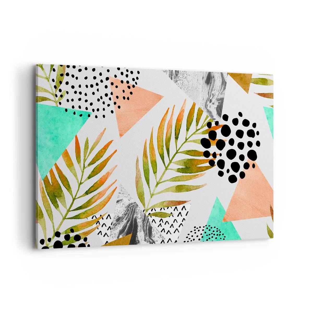 Cuadro sobre lienzo - Impresión de Imagen - Patrón tropical con hojas y formas geométricas. - 120x80cm - Decoración con hojas de palmera - Decoración de pared moderna para salón y dormitorio ARTTOR