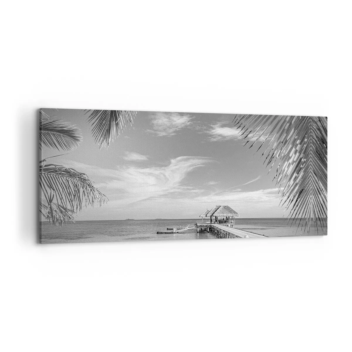 Cuadro sobre lienzo - Impresión de Imagen - Playa blanca y negra con muelle y palmeras en una costa tropical - 120x50cm - ¿Un recuerdo o un sueño? - Decoración de pared moderna para salón y dormitorio ARTTOR
