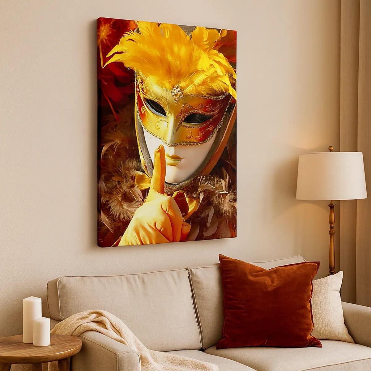 Cuadro sobre lienzo - Impresión de Imagen - Máscara de carnaval en tonos dorados y naranjas. - 50x70cm - El misterio es parte del juego - Decoración de pared moderna para salón y dormitorio ARTTOR