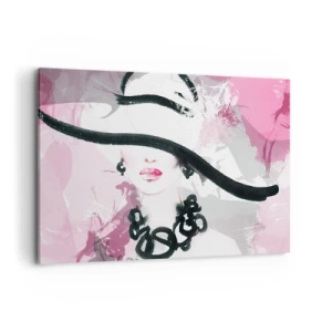 Cuadro sobre lienzo - Impresión de Imagen - Una mujer elegante con sombrero sobre un fondo de abstracciones rosas. - 100x70cm - Retrato de una dama en negro y rosa - Decoración de pared moderna para salón y dormitorio ARTTOR