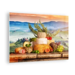 Cuadro sobre vidrio - Impresiones sobre Vidrio - Una composición de quesos y frutas con el paisaje toscano como telón de fondo. - 70x50cm - La alegría de vivir italiana - Decoración de pared moderna para salón y dormitorio ARTTOR