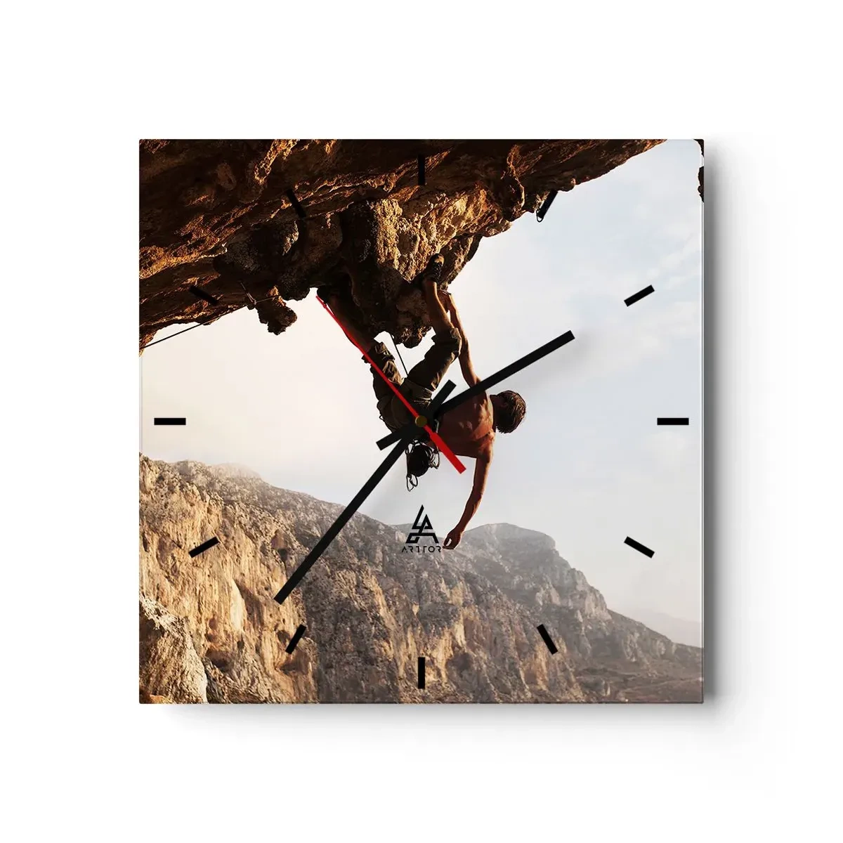 Reloj de pared - Reloj de vidrio - Un escalador en un acantilado escarpado en las montañas bajo el sol. - 30x30cm - Un mundo en la roca - Decoración de pared moderna para salón y dormitorio ARTTOR