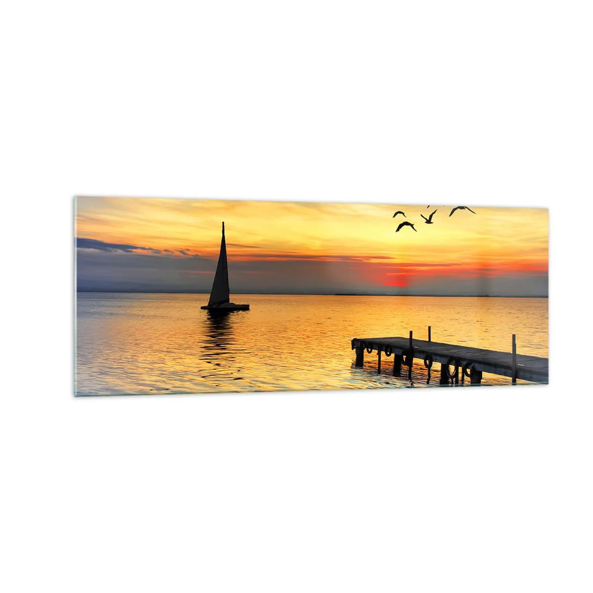 Cuadro sobre vidrio - Impresiones sobre Vidrio - Puesta de sol con un velero y un muelle en un lago tranquilo - 140x50cm - Regresos nocturnos - Decoración de pared moderna para salón y dormitorio ARTTOR