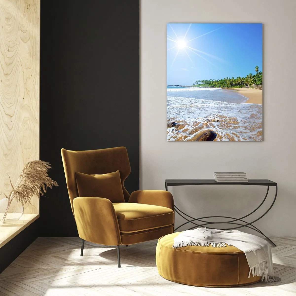 Cuadro sobre vidrio - Impresiones sobre Vidrio - Playa tropical con palmeras y cielo azul. - 80x120cm - Un lugar exótico para ti - Decoración de pared moderna para salón y dormitorio ARTTOR