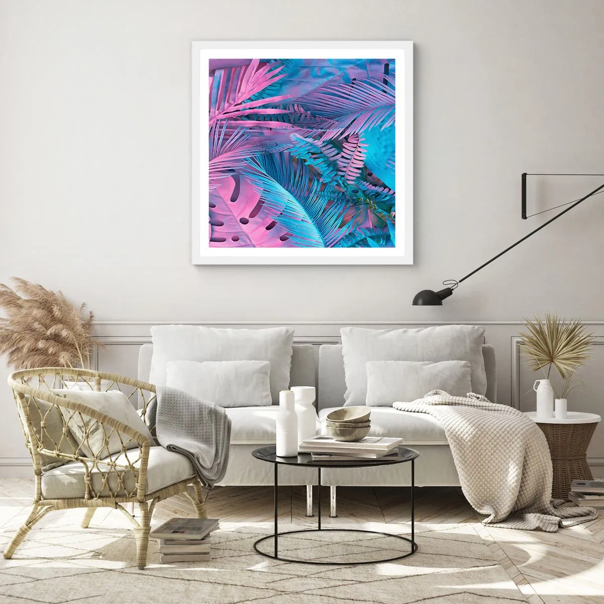 Póster en marco blanco - Trópicos en rosa y azul - 40x40 cm