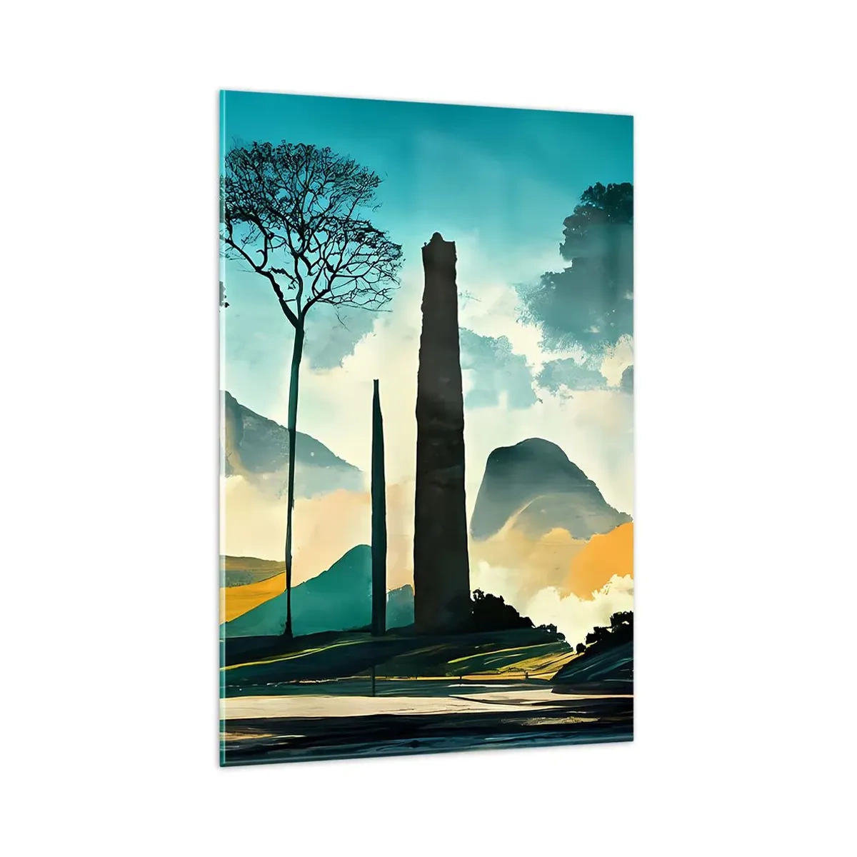 Cuadro sobre vidrio - Impresiones sobre Vidrio - Un paisaje pintoresco con árboles y montañas al fondo. - 80x120cm - Cada vez a más altitud - Decoración de pared moderna para salón y dormitorio ARTTOR