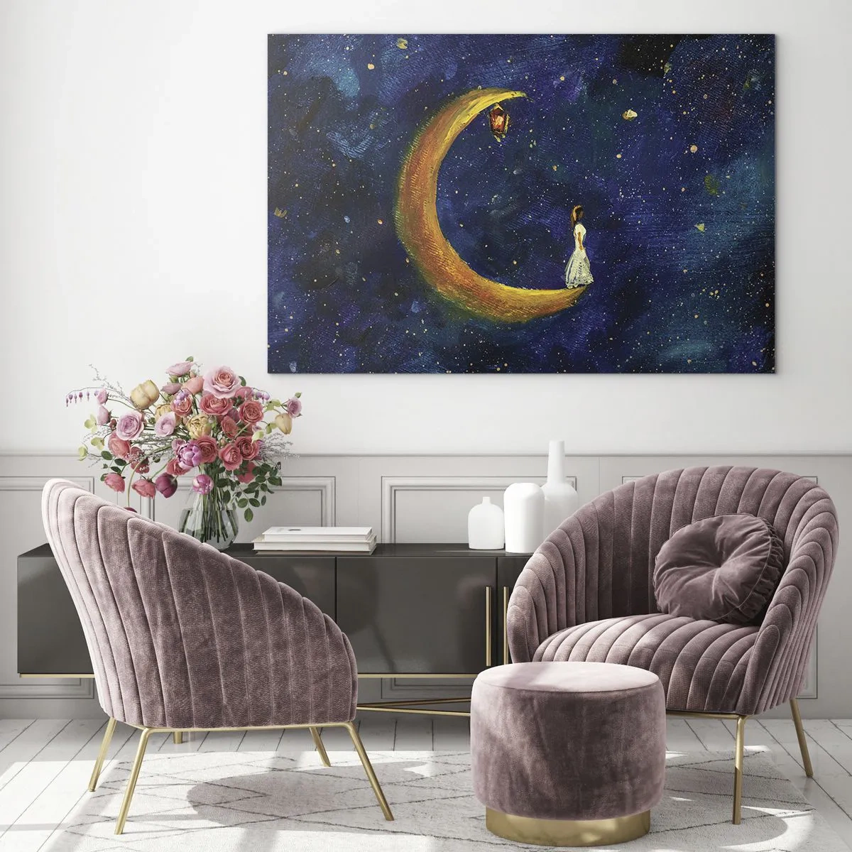 Cuadro sobre vidrio - Impresiones sobre Vidrio - Una figura en la luna en el cielo nocturno. - 70x50cm - La llamada de la Luna - Decoración de pared moderna para salón y dormitorio ARTTOR