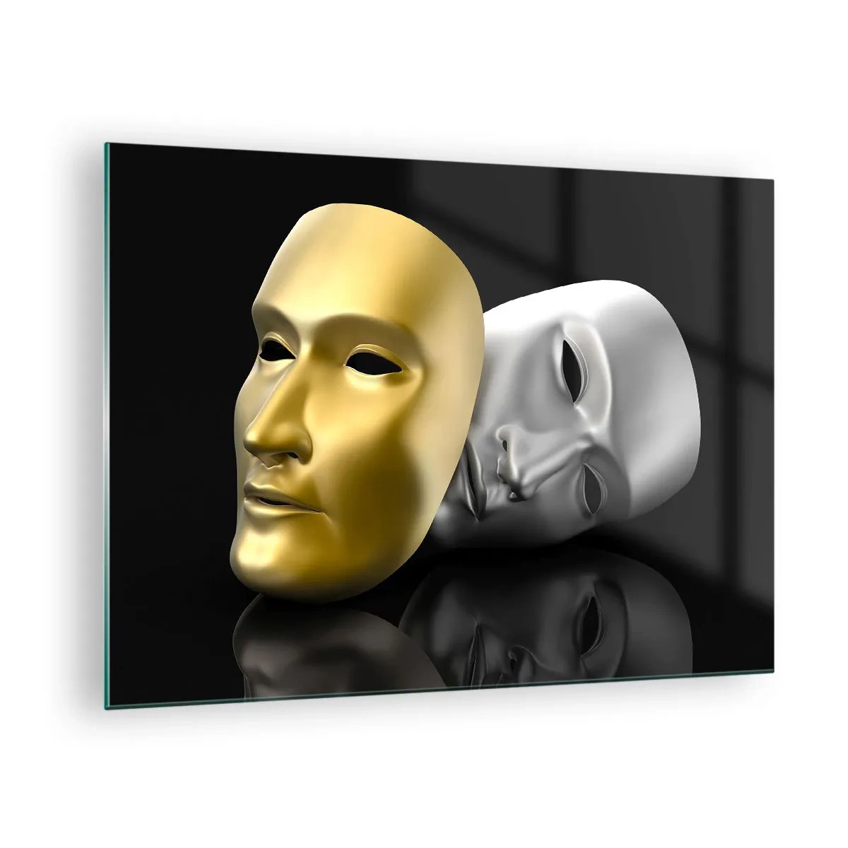 Cuadro sobre vidrio - Impresiones sobre Vidrio - Máscara de oro y plata sobre fondo negro. - 70x50cm - La vida es un teatro - Decoración de pared moderna para salón y dormitorio ARTTOR