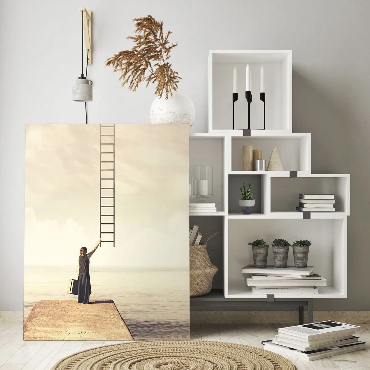 Cuadro sobre vidrio - Impresiones sobre Vidrio - Mujer en un muelle con una escalera que conduce al cielo. - 50x70cm - Un viaje mágico - Decoración de pared moderna para salón y dormitorio ARTTOR