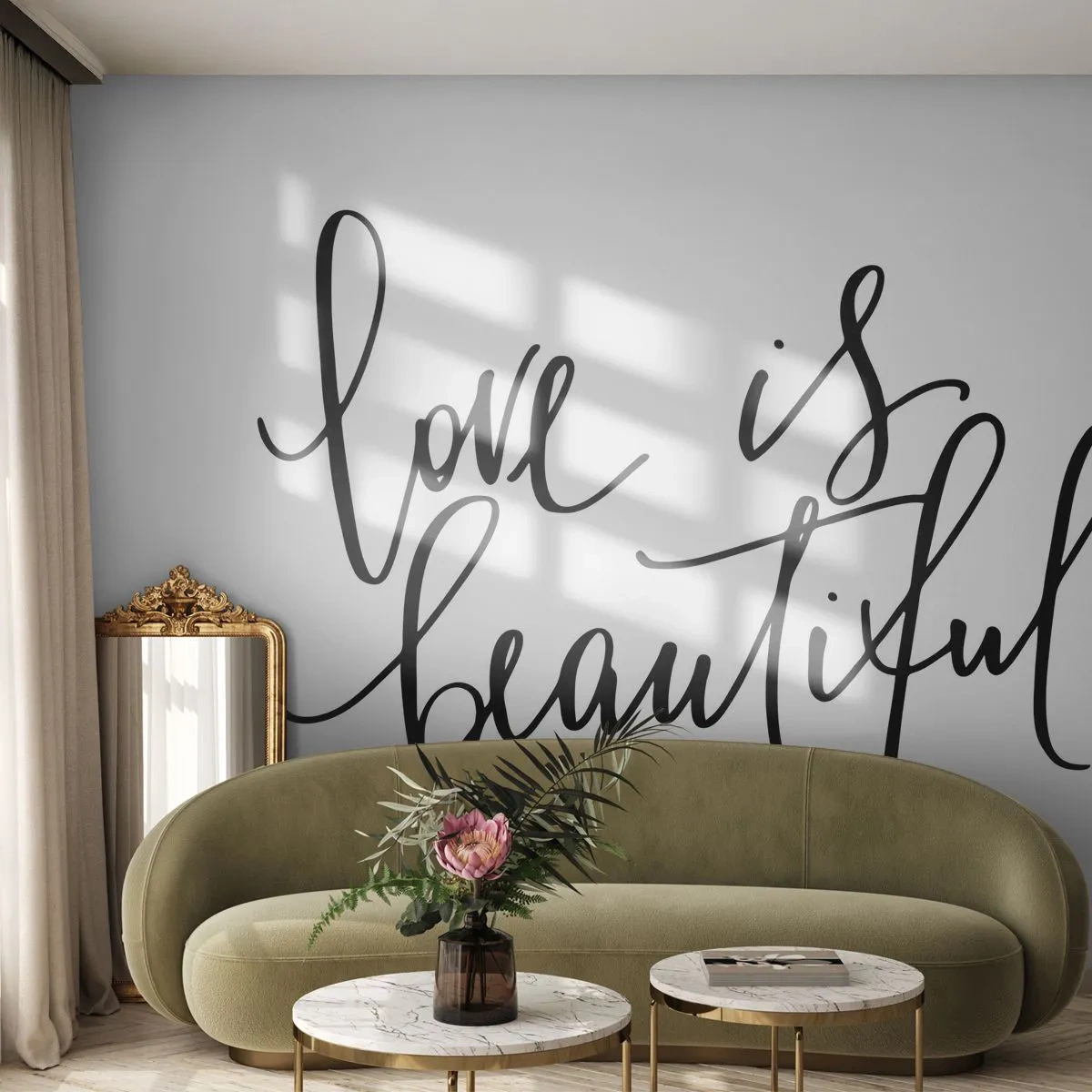 Fotomural Premium Sand - La cita "El amor es hermoso" escrita a mano con elegancia sobre un fondo blanco. - 100x70cm - Leer y repetir - Decoración de pared moderna para salón y dormitorio ARTTOR
