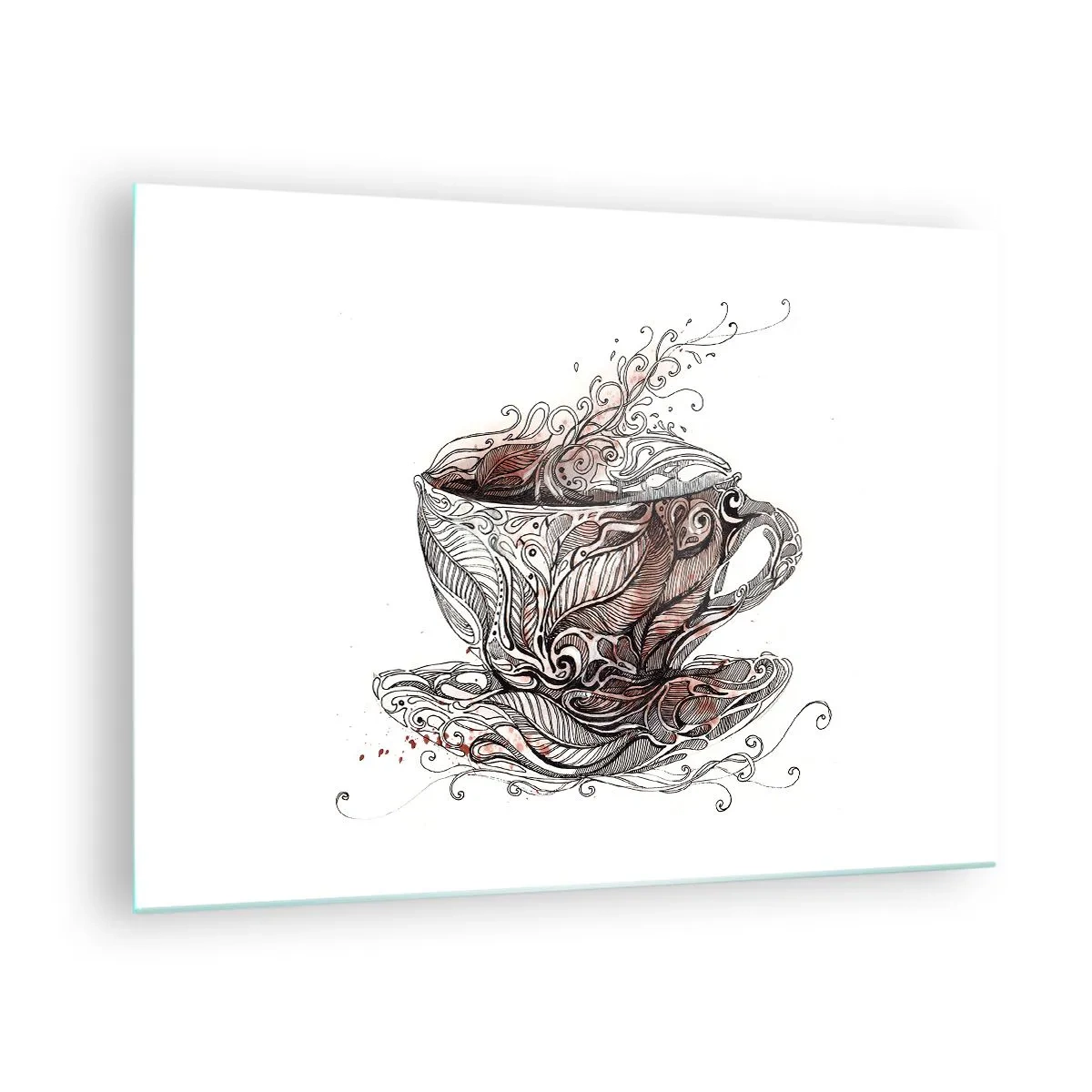 Cuadro sobre vidrio - Impresiones sobre Vidrio - Dibujo artístico de una taza con adornos y vapor. - 70x50cm - Té para todo - Decoración de pared moderna para salón y dormitorio ARTTOR