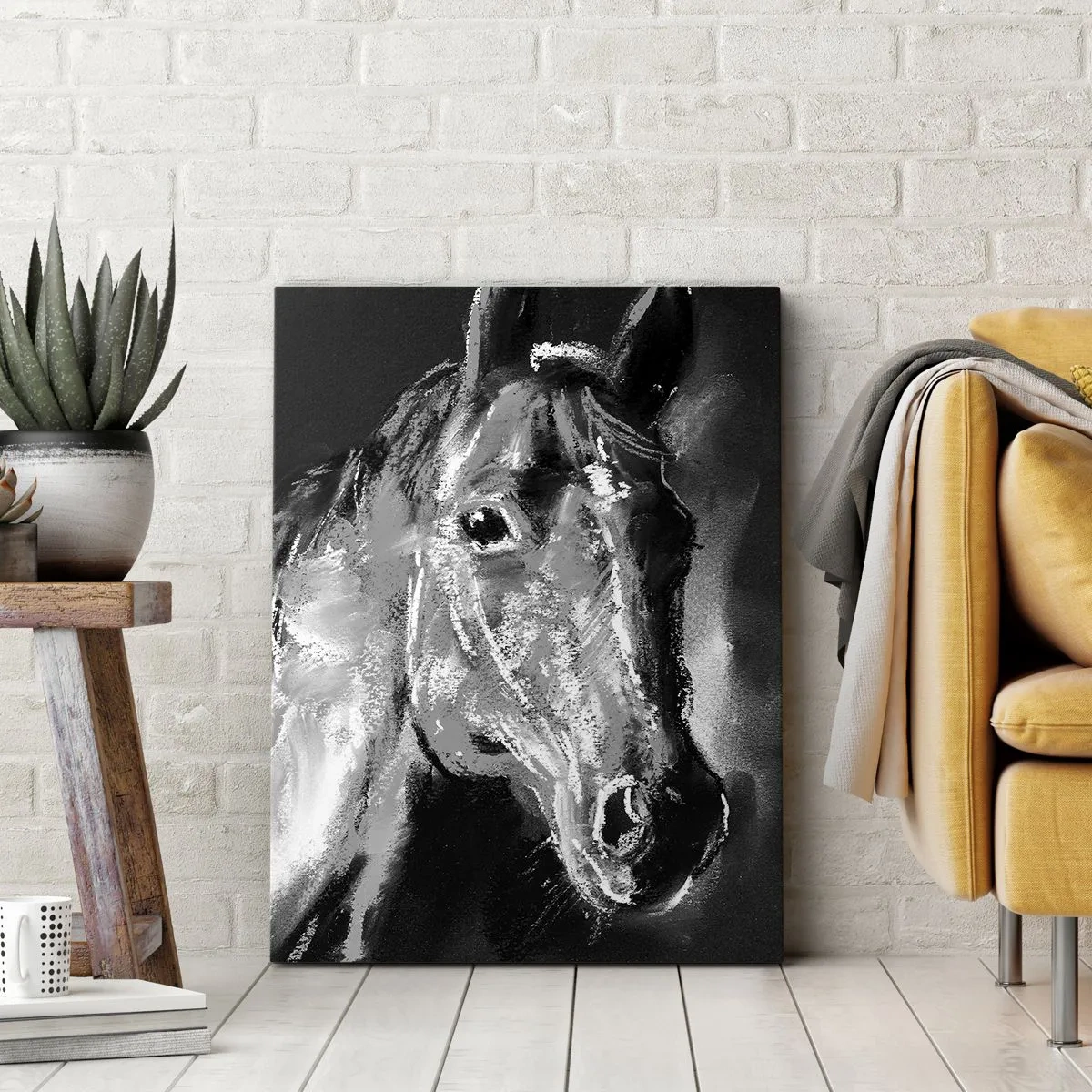 Cuadro sobre lienzo - Impresión de Imagen - Retrato de un caballo en un estilo dinámico en blanco y negro. - 50x70cm - El brillo de un alma noble - Decoración de pared moderna para salón y dormitorio ARTTOR