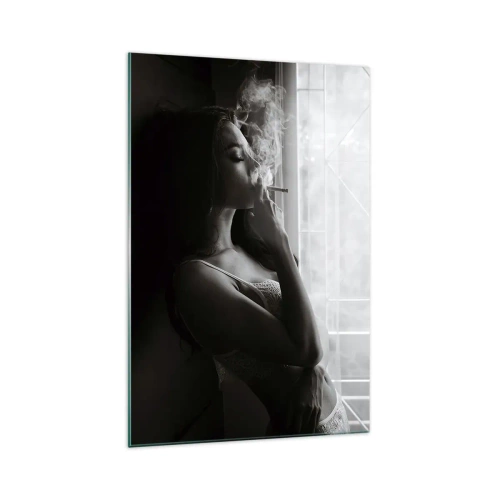 Cuadro sobre vidrio - Impresiones sobre Vidrio - Una mujer en una pose sensual en una fotografía en blanco y negro. - 70x100cm - Un momento sensual - Decoración de pared moderna para salón y dormitorio ARTTOR