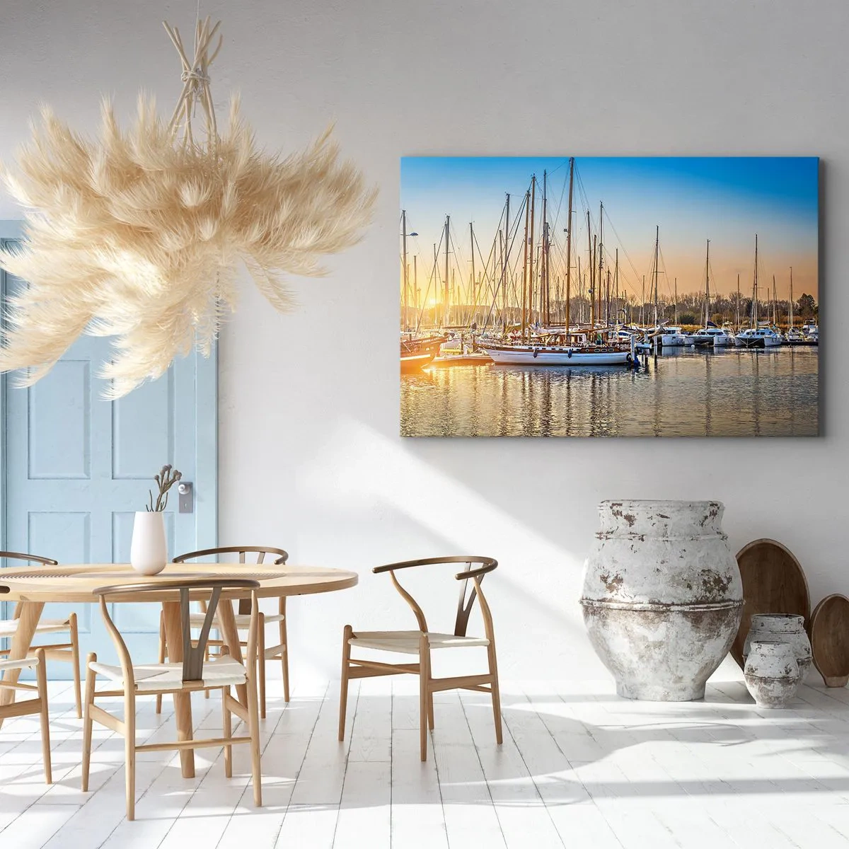 Cuadro sobre lienzo - Impresión de Imagen - Puesta de sol sobre un puerto deportivo lleno de veleros - 100x70cm - El viento debe dormir también - Decoración de pared moderna para salón y dormitorio ARTTOR
