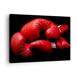 Cuadro sobre lienzo - Impresión de Imagen - Guantes de boxeo rojos sobre fondo negro - 70x50cm - La emoción del combate quedó atrás - Decoración de pared moderna para salón y dormitorio ARTTOR